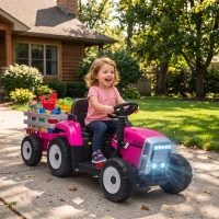 HOMCOM 12V Kids Ride on Tractor with Detachable Trailer, Remote, Soft Start, Seat Belt, Music, USB, Horn, Lights for 3-6, Pink(m-14)