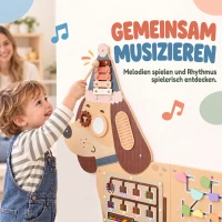 AIYAPLAY Montessori panel motoryczny drewniany Busy Board w kształcie jamnika montowany na ścianie z ksylofonem, zębatkami i bębenkiem(m-6)