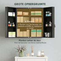 Kleankin Medicijnkast, afsluitbare medicijnkast met 2 deuren en 6 legplanken, zwart(m-5)