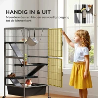 PawHut Kleine dierenkooi 4-verdiepingenkooi met uitschuifbare lade hellingen hangmat wielen platforms 52x52x115 cm Grijs(m-6)