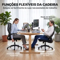 HOMCOM Cadeira de Escritório Ergonómica em Rede, Giratória, com Encosto Alto, Apoios de Braços Rebatíveis e Função Basculante - Preta(m-6)