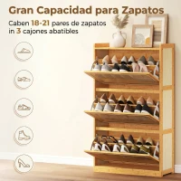 HOMCOM Zapatero Estrecho de Bambú con 3 Cajones Abatibles de Ratán para 18-21 Pares de Zapatos 69x29x119,8 cm Natural(m-5)