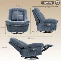 HOMCOM Sillón Relax Reclinable Eléctrico con Calor Lumbar Masaje Giro y Balanceo Reposapiés Asiento Extraancho Puerto USB Azul(m-3)