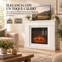 HOMCOM Chimenea Eléctrica Decorativa 1800W con Repisa Efecto Llama 5 Brillos Termostato Temporizador Mando para TV 38" Blanco(m-4)