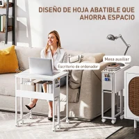 HOMCOM Escritorio Plegable con Ruedas Balda y Bolsillo de Almacenaje Ideal para Espacios Pequeños 63x50x75 cm Blanco(m-4)