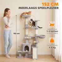 PawHut Grote krabpaal, 152 cm hoog, kattenboom met krabpalen, kattenhol met 2 ingangen, 3 balletjes en hangmat, 6 kg, lichtgrijs(m-4)
