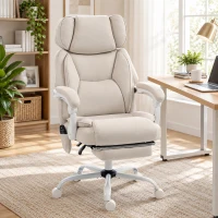 HOMCOM Office Chair with Massage, Heat, Adjustable Headrest, Leathaire‌ Reclining Desk Chair with Footrest, Cream White(m-2)