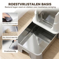 PawHut RVS kattenbak met deksel, XL kattenbak met schep, uitschuifbare lade, hoge randen, eenvoudig te reinigen, grijs(m-4)