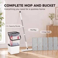 HOMCOM Mop and Bucket Set, Compact Flat Mop and Bucket with Wringer, 2-Port Design, 5 Reusable Microfiber Pads, White(m-7)