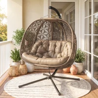 Outsunny Outdoor Double Hanging Chair, Swing Chair with Metal Stand, Thick Padded Cushion, Foldable Basket and Cup Holders, for Indoor and Outdoor, Sand Brown(m-23)
