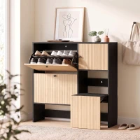 HOMCOM Sapateira Estreita com 2 Gavetas Basculantes, Armário, Banco Oculto e Prateleiras Ajustáveis, 8-10 Pares, 100x23,8x100 cm, Carvalho(m-10)