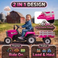 HOMCOM 12V Kids Ride on Tractor with Detachable Trailer, Remote, Soft Start, Seat Belt, Music, USB, Horn, Lights for 3-6, Pink(m-6)