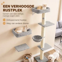 PawHut Kattenklimwand, 3-delige kattenwandset met krabpaal, platforms en hangmat(m-6)