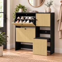 HOMCOM Sapateira Estreita com 2 Gavetas Basculantes, Armário, Banco Oculto e Prateleiras Ajustáveis, 8-10 Pares, 100x23,8x100 cm, Carvalho(m-9)