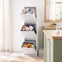 HOMCOM Meuble Poubelle de Tri Sélectif, Poubelle de Recyclage 45 L (3 x 15 L), 3 Compartiments, Portes à Fermeture Douce, Blanc(m-8)