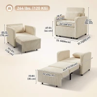 HOMCOM Poltrona-Cama Individual 3 em 1 Sofá-Cama com Encosto Ajustável 1 Lugar Bege(m-3)