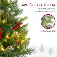 HOMCOM Árvore de Natal de Mesa 60 cm com 20 Luzes LED 141 Ramos 5 Pinhas 5 Cachos de Bagas Vermelhas e Suporte de Metal Verde(m-6)