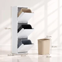 HOMCOM Caixote do Lixo de Cozinha 45 L com 3 Compartimentos, Design Estreito, Fecho Suave, Baldes Removíveis, Branco(m-3)