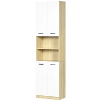 kleankin Armario Alto de Baño con 4 Puertas 2 Estantes Abiertos y Estantes Ajustables 53x33,5x195,7 cm Blanco y Roble(m-11)