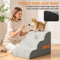 PawHut Dog Steps for Bed and Sofa, 3-Step Non-Slip Dog Stairs with Removable Washable Cover, Carry Handle, Light Grey(m-5)