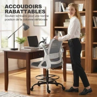 HOMCOM Chaise de bureau en maille, chaise d'ordinateur avec accoudoirs rabattables, hauteur réglable, repose-pieds, gris(m-7)