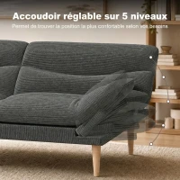 HOMCOM Canapé Convertible 2 Places 3 en 1, Canapé-Lit Clic Clac en Velours Côtelé 193 cm, Dossier et Accoudoirs Réglables, Gris(m-5)