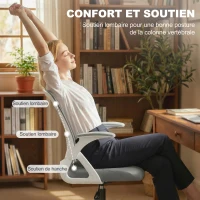HOMCOM Chaise de bureau en maille, chaise d'ordinateur avec accoudoirs rabattables, hauteur réglable, repose-pieds, gris(m-6)
