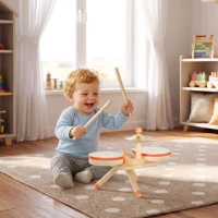 AIYAPLAY Kids Drum Kit, Wooden Musical Instruments with 2 Drums, Cymbal, Scraper, 2 Mallets for Toddlers, Music Learning, Natural(m-2)