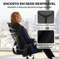 HOMCOM Cadeira de Escritório Ergonómica em Rede, Giratória, com Encosto Alto, Apoios de Braços Rebatíveis e Função Basculante - Preta(m-5)