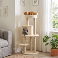 PawHut Árvore Arranhador para Gatos com Plataforma Caverna Postes de Sisal e Bola Suspensa 48x48x104 cm Bege(m-2)