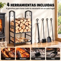 Outsunny Estante de Leña para chimenea Soporte para Leña de 2 Niveles Leñero Exterior e Interior Metálico con 4 Herramientas para Chimenea Carga Máx.100 kg 40x30x74,5 cm Negro(m-6)