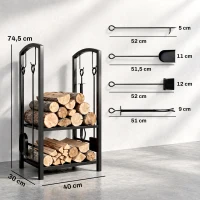 Outsunny Estante de Leña para chimenea Soporte para Leña de 2 Niveles Leñero Exterior e Interior Metálico con 4 Herramientas para Chimenea Carga Máx.100 kg 40x30x74,5 cm Negro(m-3)