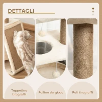 PawHut Albero Tiragraffi per Gatti con Lettino, Cuccia e Tappetino, in Legno, Peluche e Sisal, 60x30x76 cm, Marrone Chiaro(m-6)