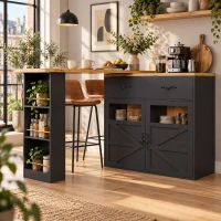 Uitschuifbare bartafel met 360° draaifunctie, opberglade en zijrek met 3 niveaus en verstelbare planken, MDF met reliëf, 204×39×104 cm, zwart(m-2)