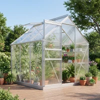 Outsunny Serre de jardin 3,6 m² en aluminium polycarbonate avec fondation, 190 x 190 x 200 cm, serre avec fenêtre réglable porte coulissante, abri extérieur résistant aux intempéries, argent(m-8)