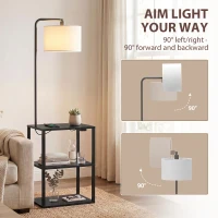 HOMCOM Dimmable Floor Lamp with Shelves, Charging Station, 3-Tier Storage Table, Adjustable Fabric Lampshade, Black(m-5)