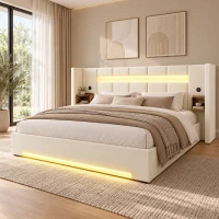 Multifunctioneel gestoffeerd bed in fluweel met extra breed hoofdeinde en dubbele USB-poorten, onderbed-opbergruimte met stille, 225×212×103 cm, beige(m-4)
