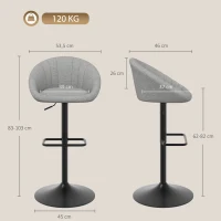 HOMCOM Set 2 Taburetes de Bar con Altura Regulable, Asiento Giratorio en Tejido y Reposapiés, Gris(m-3)