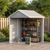 Outsunny Gartenschuppen, Geräteschuppen mit Boden, verschließbare Türen, Lüftungsöffnungen, Fenster, Holzoptik, Kunststoff, Grau(m-9)