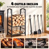 Outsunny Porte bûches - Range bûches Serviteur de cheminée - Multi Accessoires 2 étagères 40L x 30l x 75H cm métal Noir(m-6)