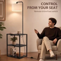 HOMCOM Dimmable Floor Lamp with Shelves, Charging Station, 3-Tier Storage Table, Adjustable Fabric Lampshade, Black(m-7)