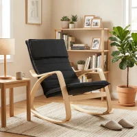 HOMCOM Sedia a Dondolo in Tessuto Effetto Lino Imbottita, Poggiatesta, Schienale Alto, Gambe in Legno di Betulla, Nero(m-4)