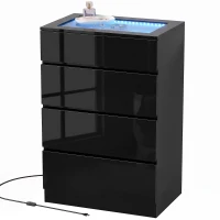 HOMCOM High Gloss 4 Drawer Chest of Drawers with Glass Top and RGB LED Lights, Dresser w/ Jewelry Organizer, APP Control, Black(m-15)