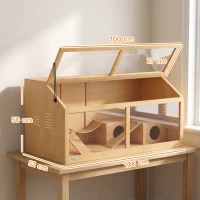 PawHut Hamsterkooi van hout 100 x 52 x 50 cm, grote knaagdierkooi met opbergruimte, klapdak, acrylraam, ventilatie en platform(m-3)