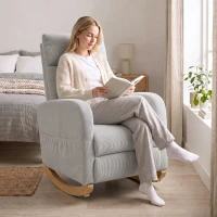 HOMCOM Cadeira de Baloiço em Bombazina com Encosto Alto, Pés de Madeira, Bolsos, Apoios de Braços e Estilo Moderno, Cinzento-Claro(m-9)