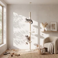 PawHut 225-255 cm Adjustable Cat Climbing Tower with Sisal Scratching Posts, 2 Hanging Play Balls and Anti-Tip Strap, Beige(m-2)