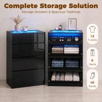 HOMCOM High Gloss 4 Drawer Chest of Drawers with Glass Top and RGB LED Lights, Dresser w/ Jewelry Organizer, APP Control, Black(m-6)