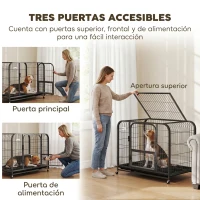 PawHut Jaula Resistente para Perros con Ruedas Puerta de Alimentación Bandeja Extraíble para Perros Pequeños 93x58x76 cm Negro(m-5)
