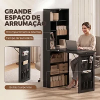 HOMCOM Secretária Dobrável com Estante, Prateleira Ajustável e Bolsa Organizadora para Espaços Pequenos 98x51x153 cm Preto(m-5)