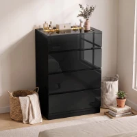 HOMCOM High Gloss 4 Drawer Chest of Drawers with Glass Top and RGB LED Lights, Dresser w/ Jewelry Organizer, APP Control, Black(m-14)